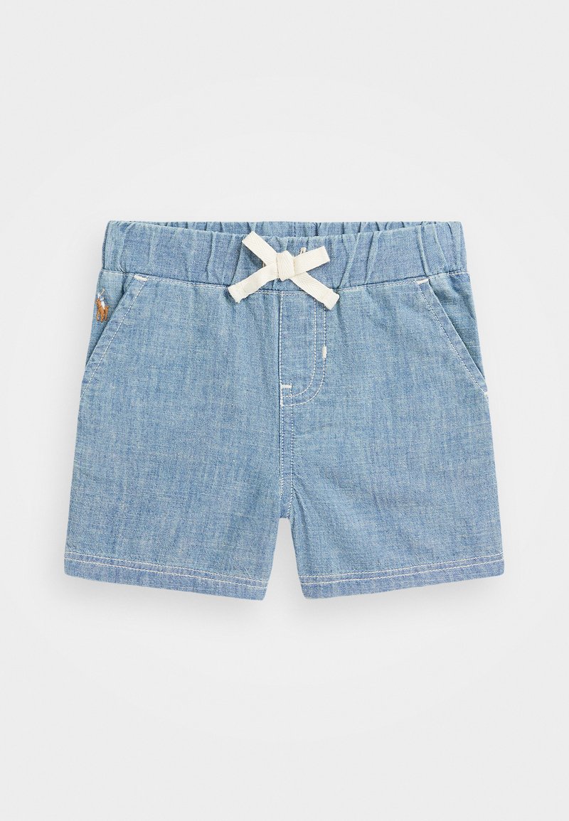 Denim shorts with a light blue color, elastic waistband, and ivory drawstring. Features front pockets and mild stitching details.