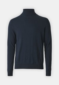 Pulover turtleneck de culoare albastră închisă, confecționat dintr-un material moale, având un design ajustat, mâneci lungi și textură ribbed la guler și la tiv.