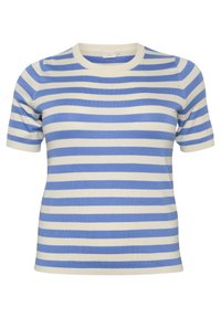 Gestreiftes Kurzarm-Oberteil in Hellblau und Creme, mit rundem Halsausschnitt und einem weichen, leichten Stoff mit glatter Textur.