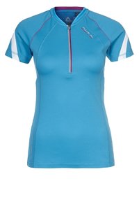 Nebesky modré sportovní tričko s krátkým rukávem a čtvrtzipem. Vyznačuje se texturovanou látkou a bílými akcenty na ramenou. Logo v purpurové barvě.