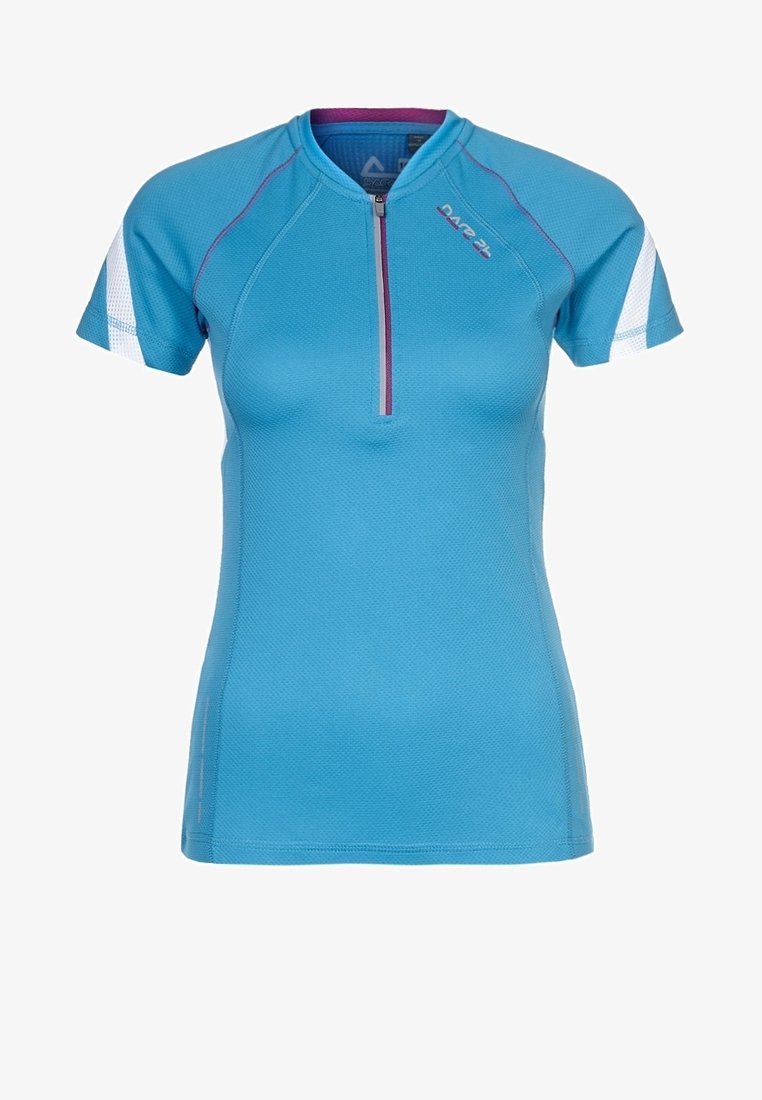 Nebesky modré sportovní tričko s krátkým rukávem a čtvrtzipem. Vyznačuje se texturovanou látkou a bílými akcenty na ramenou. Logo v purpurové barvě.