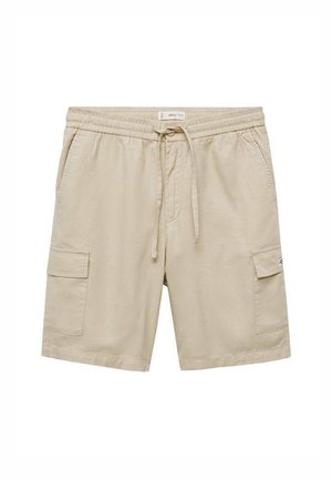 Beige cargoshorts med elastisk talje og snøre, der har to sidelommer og en afslappet pasform, lavet af letvægtsstof.