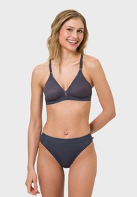 Dark gray triangular bra with adjustable straps and matching bikini bottom, made of smooth material with a seamless finish.