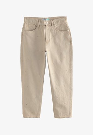 Bežové džínsy s vysokým pásom a jemnou kvetinovou výšivkou. Dizajn s piatimi vreckami, rovný strih a zips. Hladká bavlnená džínovina.