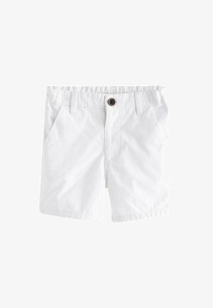 White cotton shorts with a relaxed fit, featuring a front button closure, two side pockets, and a smooth texture.