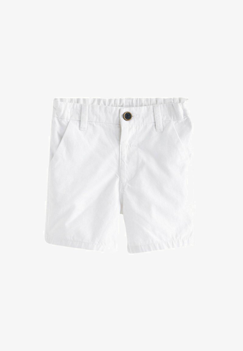 Pantaloni corti bianchi in cotone con una vestibilità comoda, dotati di chiusura anteriore con bottone, due tasche laterali e una consistenza liscia.