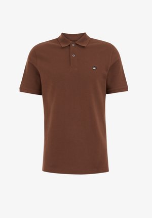 Brązowa koszulka polo z bawełny, o miękkiej fakturze, z zapięciem na trzy guziki i małym haftowanym logo na lewej piersi.