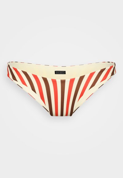 Svītrots bikini apakšdaļa ar vertikālajiem rakstiem sarkanā, brūnā un krēmkrāsā. Gluda auduma, ar mērenu pacēlumu un logotipa birku uz jostasvietas.