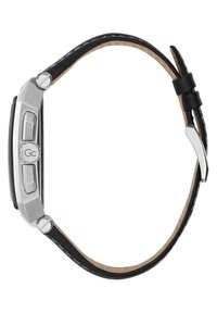 Stainless steel watch with a rectangular case, black leather strap, silver hardware, and a logo on the side; features textured accents.