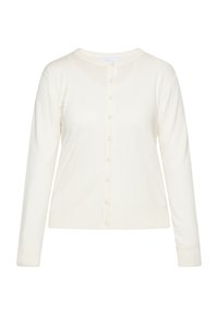 Cardigan bianco, tessuto a costine, maniche lunghe, scollatura rotonda, chiusura con bottoni, vita aderente, tessuto morbido. Nessun motivo o dettaglio.
