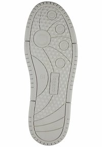 Weiße Gummisohlen mit hexagonalen Mustern, kreisförmigen Akzenten und unterschiedlichen texturierten Oberflächen; mit der Größe 6½ gekennzeichnet.