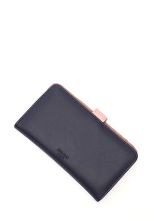 Navy leather wallet with a pink accent; rectangular shape; smooth texture; features a clasp closure and branded logo on the front.