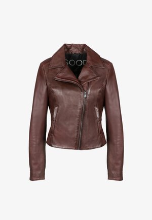 Burgunderfarbene Leder-Motorradjacke mit Reverskragen, asymmetrischem vorderem Reißverschluss und zwei seitlichen Taschen. Glatte Textur, taillierte Passform.