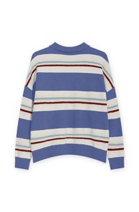 Blue sweater with horizontal stripes in white, light blue, and maroon. Features a round neckline and ribbed cuffs. Soft texture.