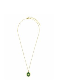 Gouden ketting met een delicate schakel en een groene ovale hanger met een zonnestraalontwerp en kleine edelsteenaccenten.