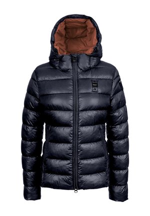 Marineblaue gesteppte Steppjacke mit Frontreißverschluss und Kapuze, die mit rostfarbenem Stoff gefüttert ist.