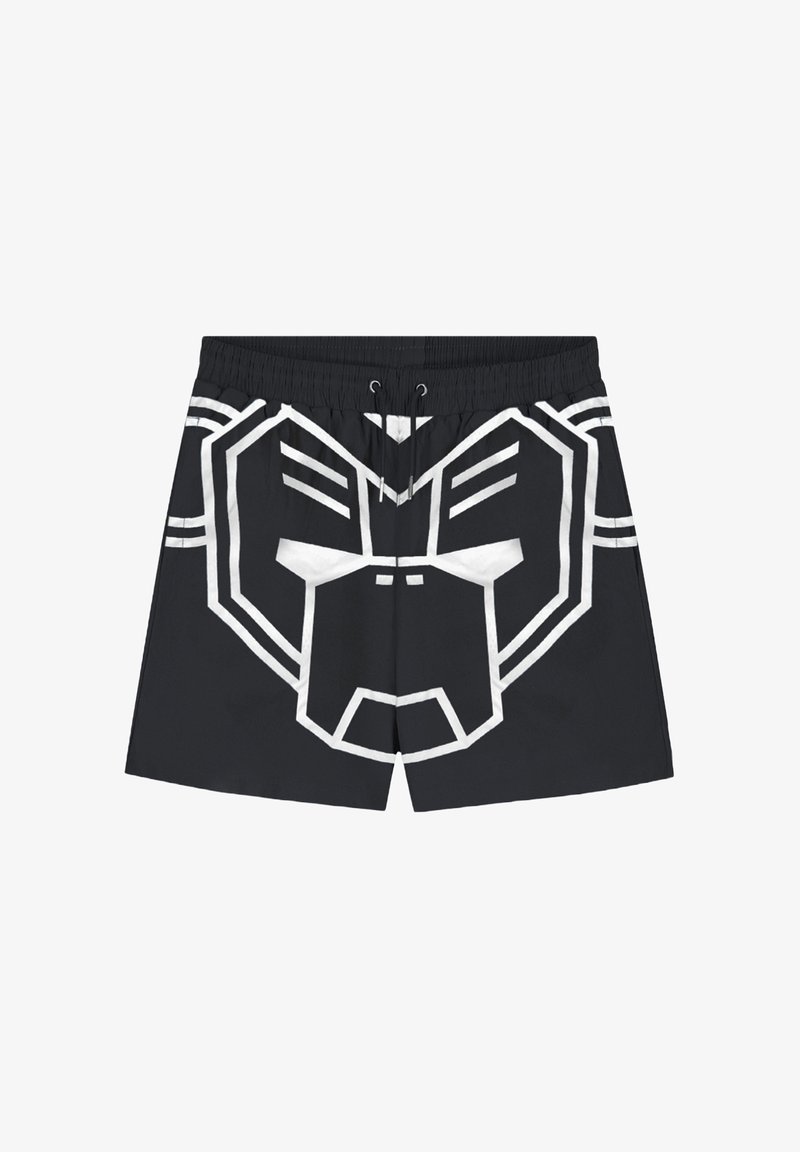 Zwarte zwembroek met een grote witte grafische tekening die lijkt op een gestileerd dierengezicht, met een trekkoord in de taille en een gladde stof.