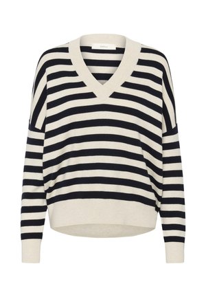 Fekete-fehér vízszintes csíkos, bő szabású V-nyakú pulóver hosszú ujjakkal, kötött anyagból.