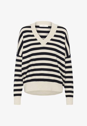 Fekete-fehér vízszintes csíkos, bő szabású V-nyakú pulóver hosszú ujjakkal, kötött anyagból.