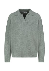 Hellgrauer, strukturierter Pullover mit kragenförmigem Ausschnitt und überschnittenen Schultern. Gerippte Bündchen und Saum. Hergestellt aus einem weichen Strickstoff.