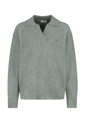 Hellgrauer, strukturierter Pullover mit kragenförmigem Ausschnitt und überschnittenen Schultern. Gerippte Bündchen und Saum. Hergestellt aus einem weichen Strickstoff.