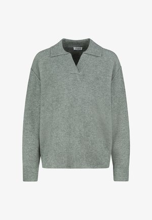 Hellgrauer, strukturierter Pullover mit kragenförmigem Ausschnitt und überschnittenen Schultern. Gerippte Bündchen und Saum. Hergestellt aus einem weichen Strickstoff.