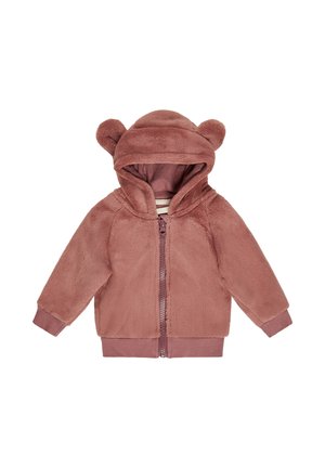 Fleece-Hoodie in gedämpftem Rosé, mit Bärenohren auf der Kapuze, durchgehendem Reißverschluss und gerippten Bündchen. Weicher Stoff und warmes Design.