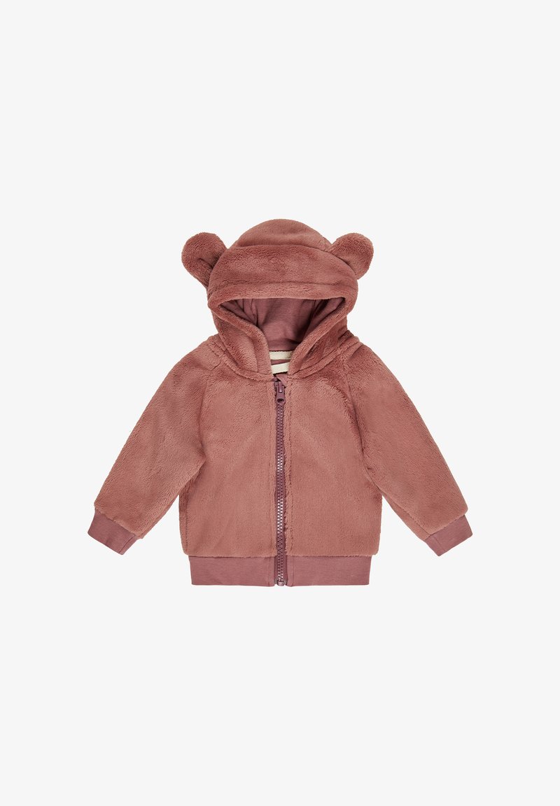 Fleece-Hoodie in gedämpftem Rosé, mit Bärenohren auf der Kapuze, durchgehendem Reißverschluss und gerippten Bündchen. Weicher Stoff und warmes Design.