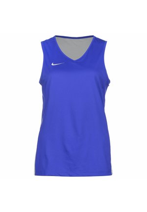 Blaues sportliches Tanktop mit V-Ausschnitt, Netzgewebe und silbernem Nike-Logo auf der linken Brust. Mit ärmellosem Design und geradem Saum.