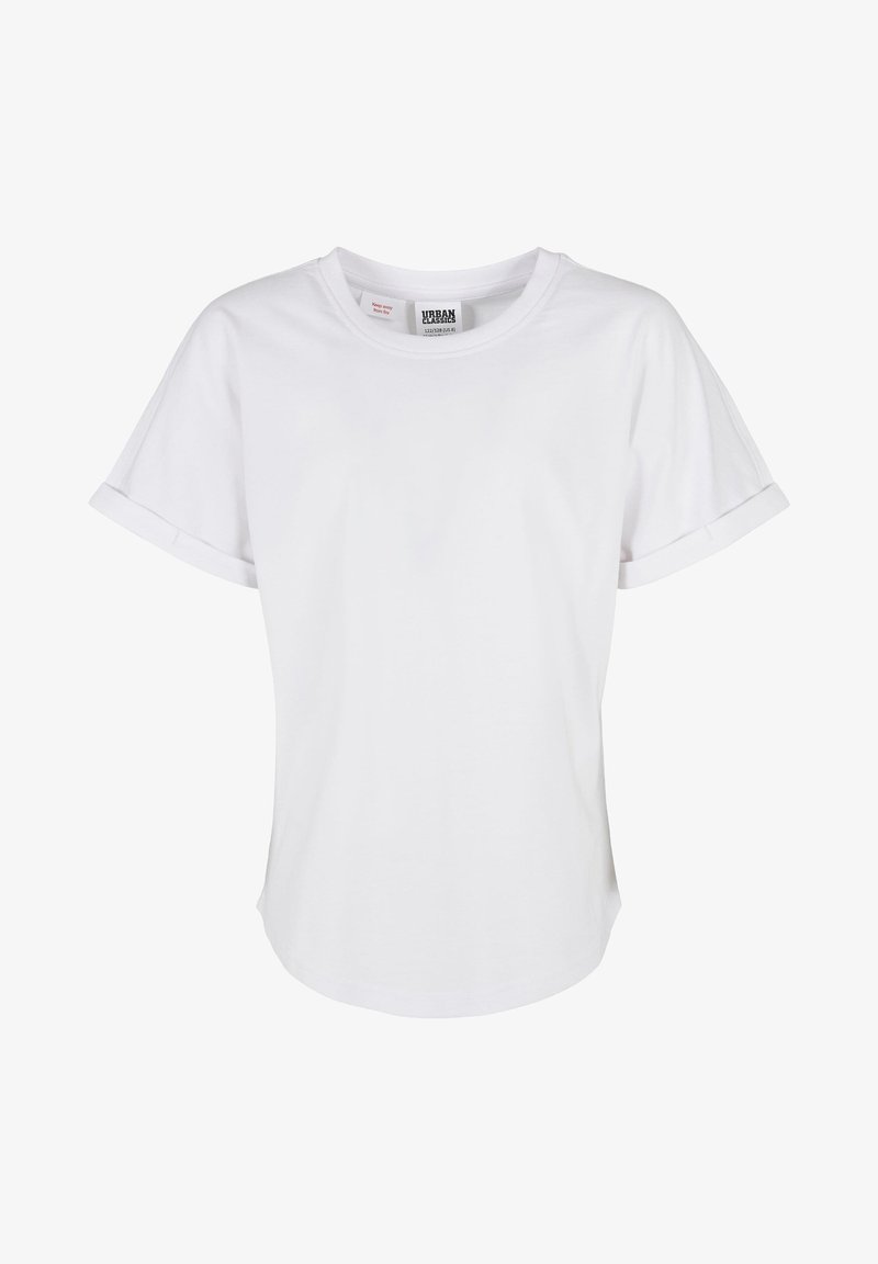 Fehér pamut póló rövid, felgöngyölt ujjal, kerek nyakkivágással és laza szabással. Simma textúra, egyszerű mintázat nélküli dizájn.