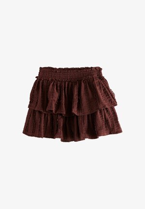 Fustă mini maro texturată, stratificată, cu talie elastică adunată și volane suprapuse.
