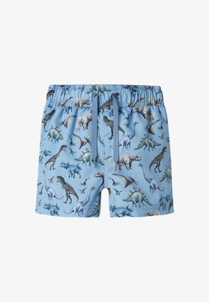 Costumi da bagno blu con stampa di dinosauri di varie specie. Vita elastica e cordoncino per una vestibilità regolabile. Tessuto leggero.