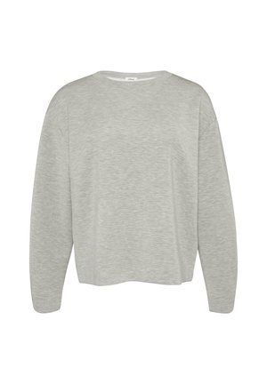 Svijetlosivi longsleeve top od mekanog materijala. Ima okrugli izrez, slobodan kroj i spuštene ramena za opuštenu siluetu.