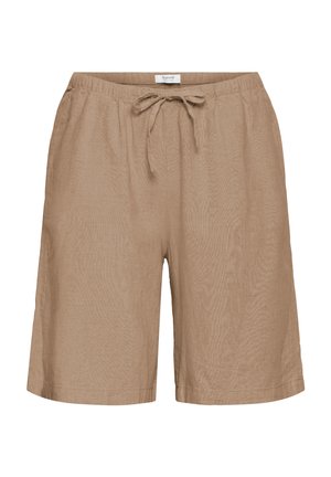 Pantaloncini larghi marrone chiaro fino al ginocchio con elastico in vita e coulisse frontale, realizzati in tessuto leggero.