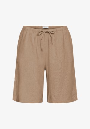 Světle hnědé volné šortky ke kolenům s elastickým pasem a předním stahováním na šňůrku, vyrobené z lehké látky.