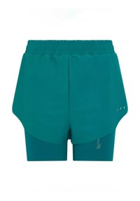 Teal athletic shorts with an elastic waistband, layered design, and small logo detail. Features a smooth, lightweight fabric.