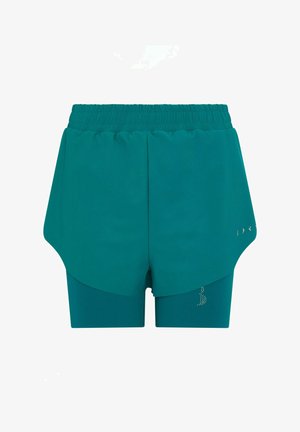 Shorts atletici de culoare teal cu talie elastică, design stratificat și detaliu mic cu logo. Prezintă un material neted, ușor.