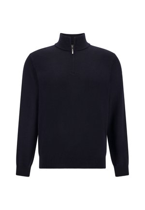 Tummansininen neulepaita korkealla kauluksella ja puolipitkällä vetoketjulla. Valmistettu pehmeästä materiaalista, jossa on pitkät hihat ja rento istuvuus.