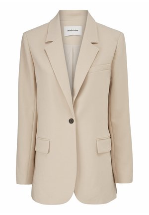 Beige single-button blazer with notch lapels, two flap pockets, a chest welt pocket, and a Modström label inside the collar.