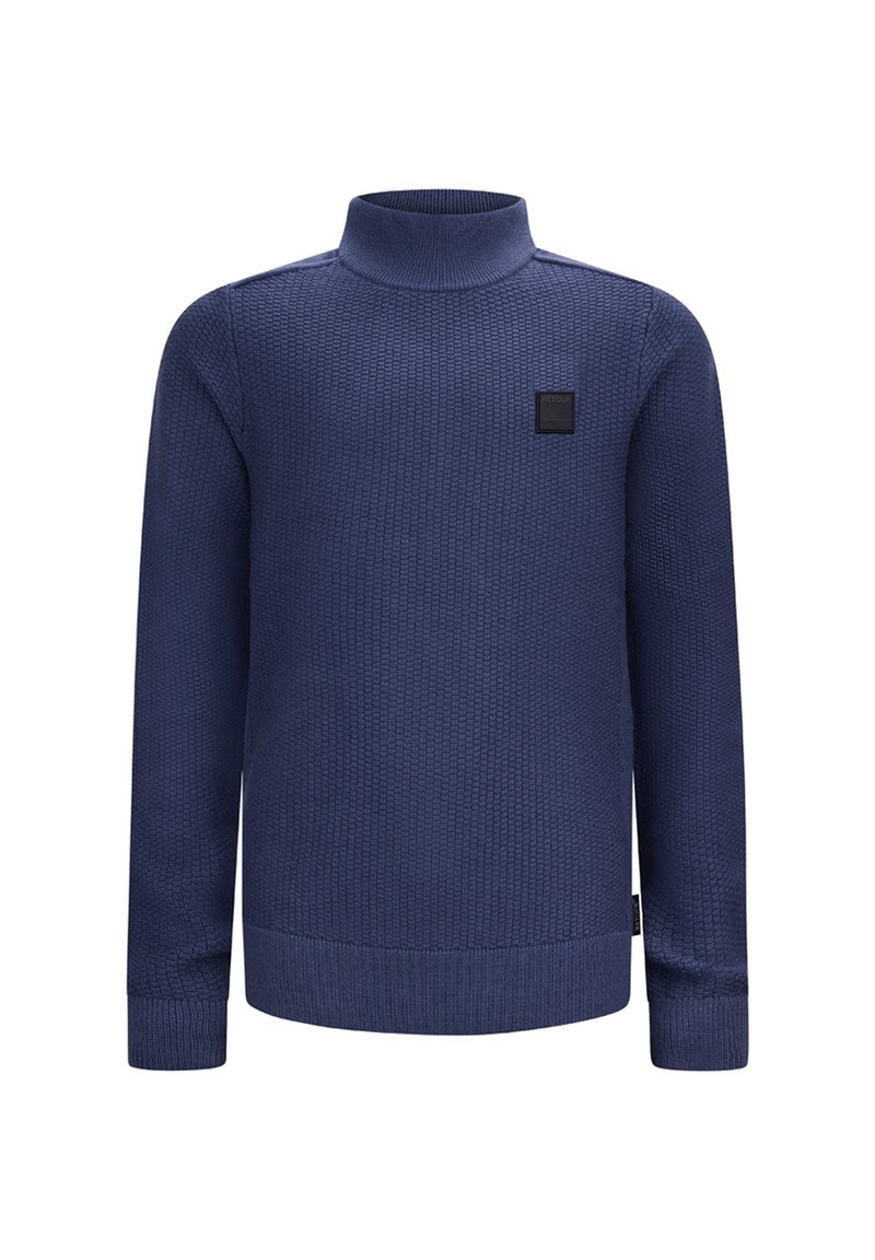 Marineblauer Pullover mit einem strukturierten Strickmuster, Stehkragen und gerippten Bündchen sowie Saum. Verfügt über ein kleines schwarzes Logo-Emblem auf der Brust.