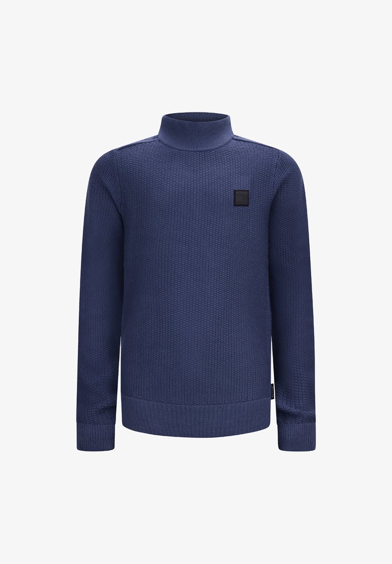 Maglione blu navy con un motivo a maglia testurizzato, collo alto e polsini e orlo a coste. Presenta una piccola etichetta nera con logo sul petto.