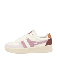 White sneaker with pink and brown accents, made of leather and suede. Features logo on the side and textured rubber sole with ridges.