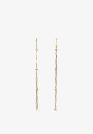 Boucles d'oreilles en chaîne dorée présentant un design allongé et élancé avec des accents ronds uniformément espacés. Texture lisse avec une finition brillante.