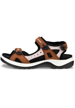 Brown and black sandal with adjustable straps, mesh panels, a padded footbed, and a contrasting white and black sole, featuring rubber tread.