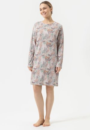 Floral nightdress with long sleeves, featuring a pastel pink background, green and orange accents, crafted from soft fabric with a relaxed fit.