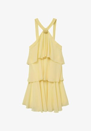 Kollane kihiline kleit voolava disainiga, millel on spagetitripid ja gatherdatud selg. Rinnaosa dekoratsioonina on lisatud lilledetailid rihmade külge.