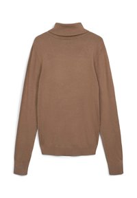 Brauner Rollkragenpullover mit geripptem Kragen. Aus glattem Strickstoff gefertigt. Verfügt über lange Ärmel und eine taillierte Passform mit seitlichen Schlitzen.