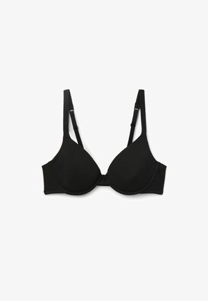 Schwarzer BH mit gepolsterten dreieckigen Cups, verstellbaren Trägern und einem Hakenverschluss. Aus glattem Stoff gefertigt, mit nahtlosen Kanten und minimalistischem Design.