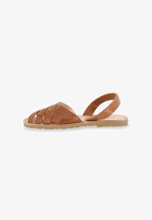 Brown woven leather sandal with a textured finish, open-toe design, adjustable slingback strap, and a rubber sole.