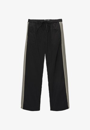 Pantalon noir à jambes larges avec taille élastique et cordon, avec trois bandes blanches verticales le long de chaque couture latérale.